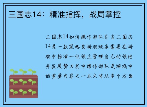 三国志14:精准指挥,战局掌控