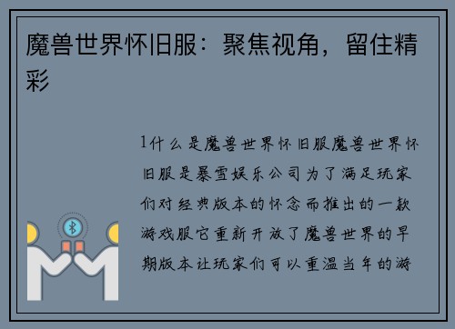 魔兽世界怀旧服:聚焦视角,留住精彩
