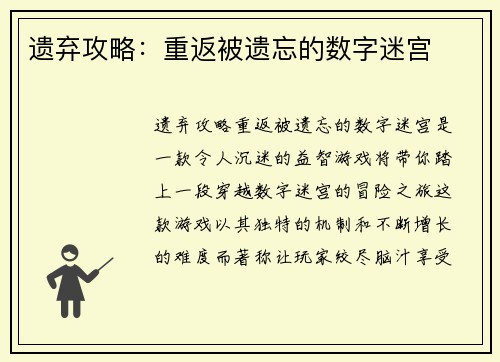 遗弃攻略：重返被遗忘的数字迷宫